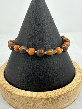 Earth Tone Jasper Beaded Stretch Bracelet Silver Accent Boho Cottagecore Faux